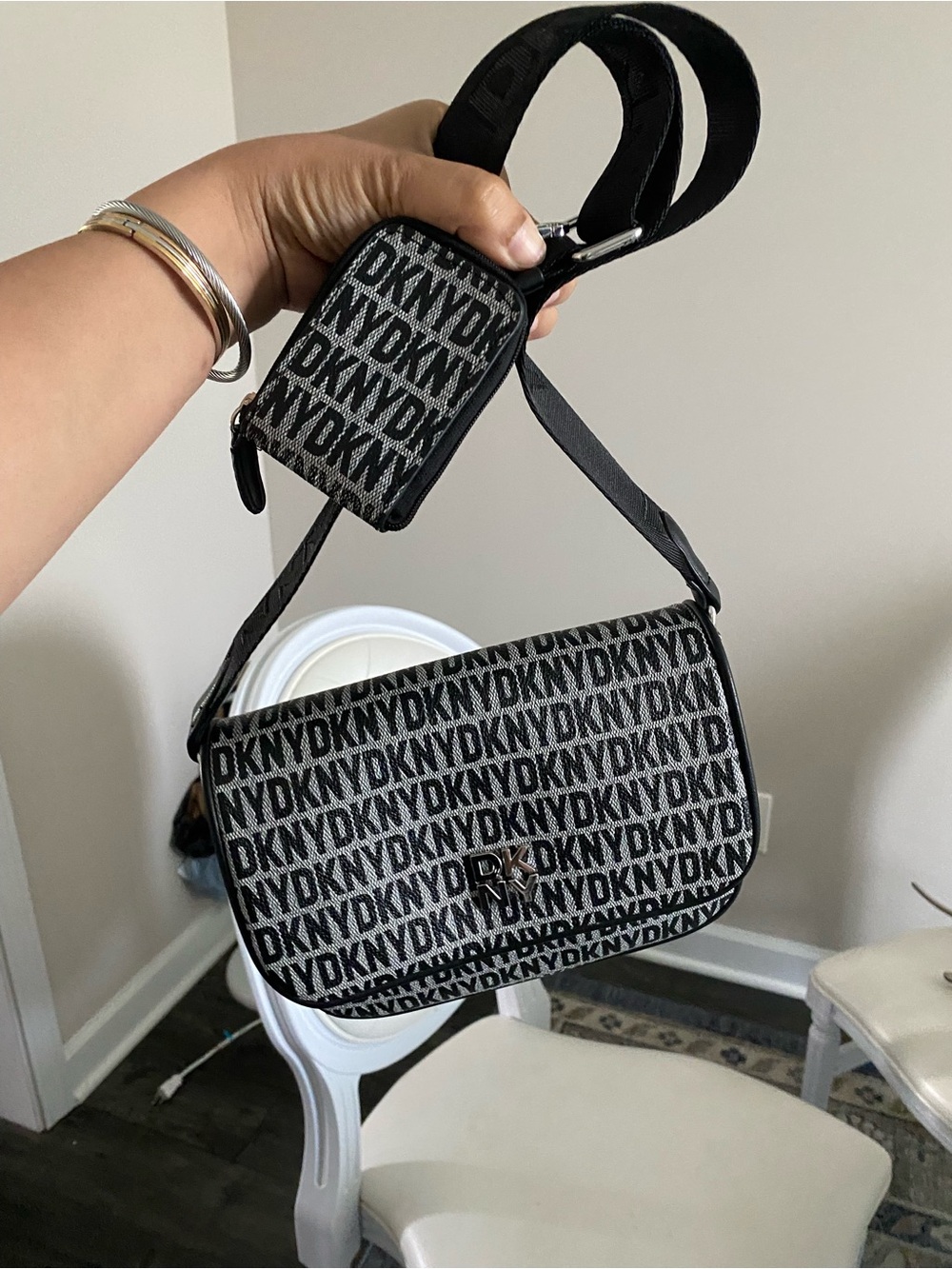 Dkny Black & Gray Logo Jacquard Crossbody with Mini Pouch